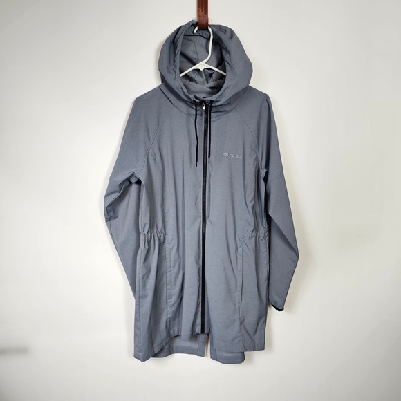 Columbia Womens XL Gray Full Zip Hooded Lightweight Long Rain Jacket - Picture 1 of 11